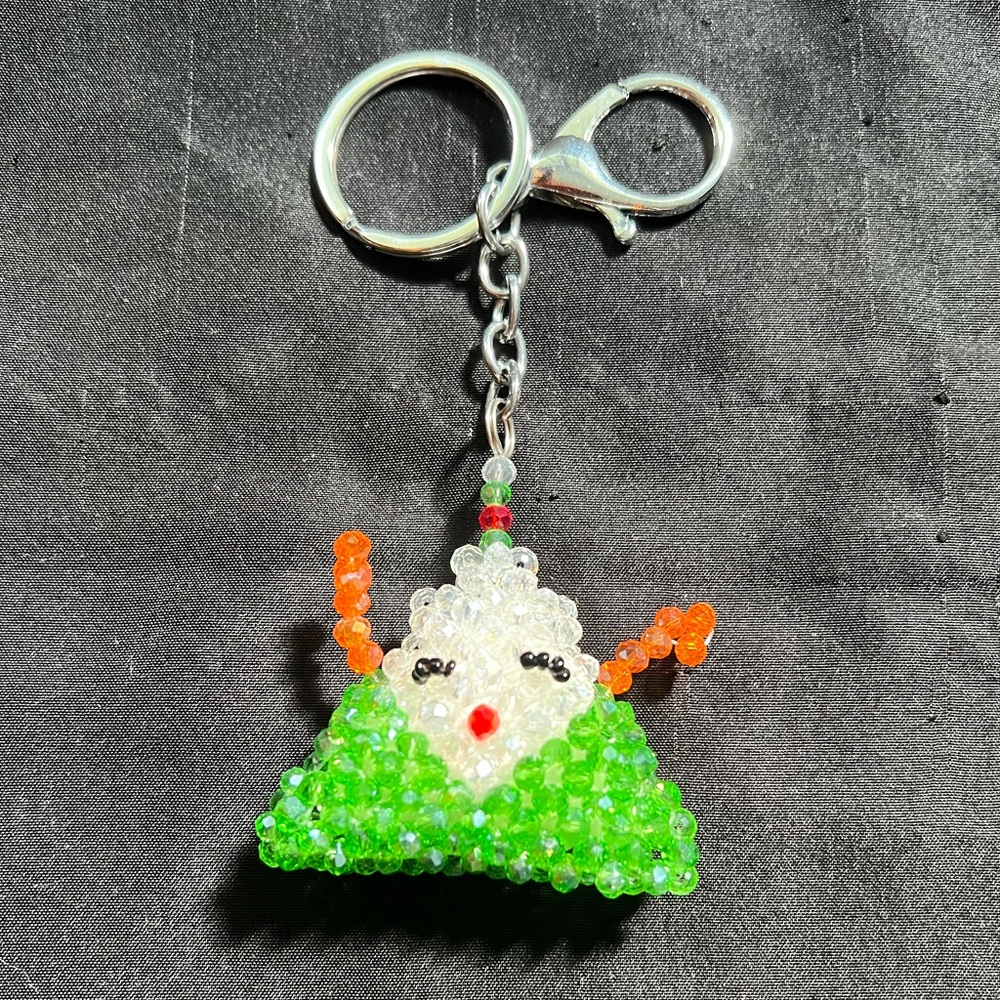 White & Green Sparkly Shiny Beaded Onigiri Keychain Charm Kawaii Crystal Cute